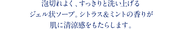 泡切れよく、すっきりと洗い上げる ジェル状ソープ。シトラス＆ミントの香りが 肌に清涼感をもたらします。