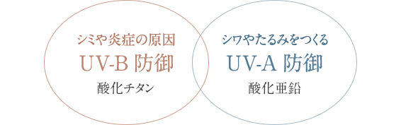 シミや炎症の原因UV-B防御 酸化チタン シワやたるみをつくるUV-A防御 酸化亜鉛