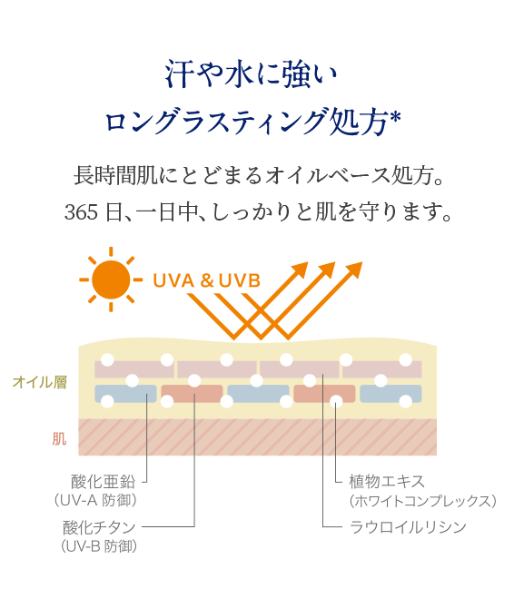 汗や水に強い ロングラスティング処方＊ニールズヤードにおいて 長時間肌にとどまるオイルベース処方。 365日、一日中、しっかりと肌を守ります。