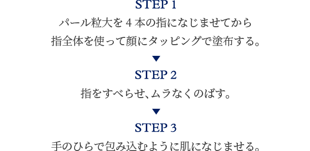 STEP1 パール粒大を4本の指になじませてから 指全体を使って顔にタッピングで塗布する。 STEP2 指をすべらせ、ムラなくのばす。 STEP3 手のひらで包み込むように肌になじませる。