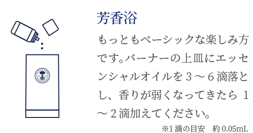 芳香浴 もっともベーシックな楽しみ方です。バーナーの上皿にエッセンシャルオイルを3～6滴落とし、香りが弱くなってきたら1～2滴加えてください。※1滴の目安 約0.05mL