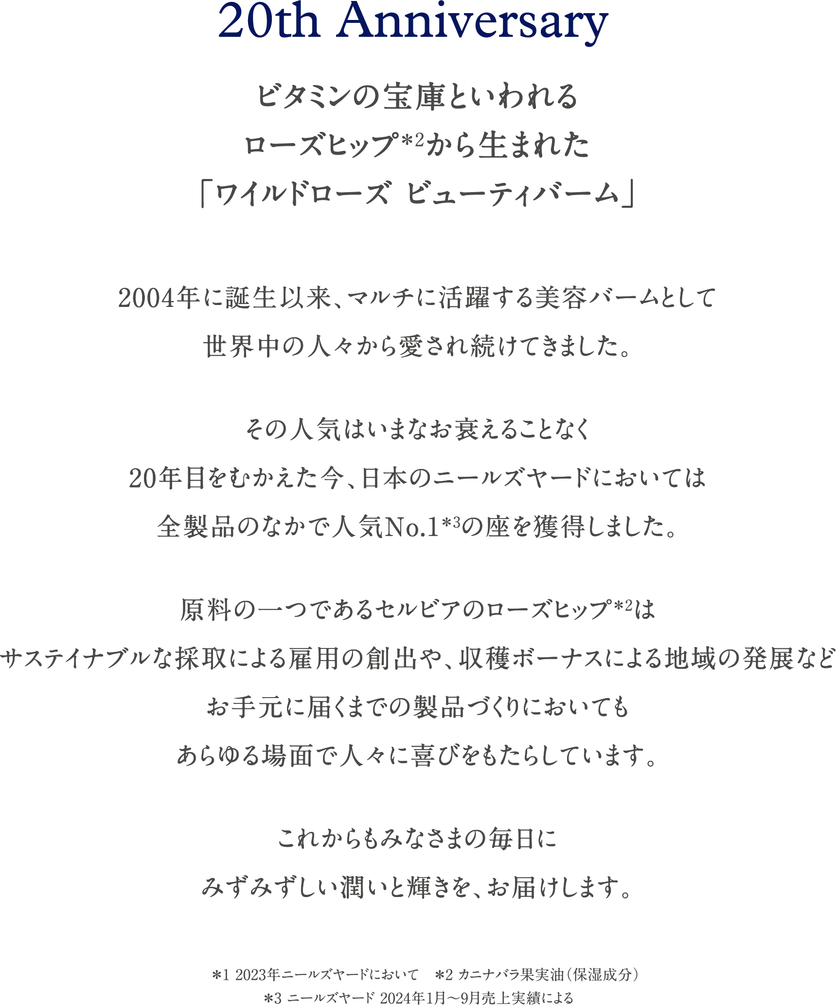 20th Anniversary ビタミンの宝庫といわれるローズヒップから生まれた「ワイルドローズ ビューティバーム」 2004年に誕生以来、マルチに活躍する美容バームとして世界中の人々から愛され続けてきました。その人気はいまなお衰えることなく20年目をむかえた今、日本のニールズヤードにおいては全製品のなかで人気No.1の座を獲得しました。原料の一つであるセルビアのローズヒップはサステイナブルな採取による雇用の創出や、収穫ボーナスによる地域の発展などお手元に届くまでの製品づくりにおいてもあらゆる場面で人々に喜びをもたらしています。これからもみなさまの毎日にみずみずしい潤いと輝きを、お届けします。